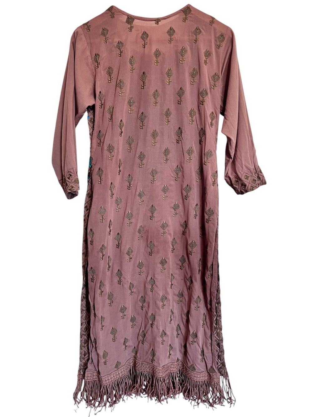 Handmade Indian Kurta Brown and Turquoise Green Embroidered - Picture 3 of 13
